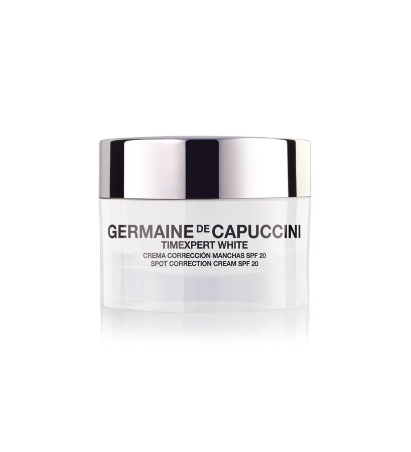 Iguala el tono de la tez y minimiza las hiperpigmentaciones producidas por la edad, los rayos UV, factores genéticos u hormonales. Su textura rica y fundente mantiene la hidratación y elasticidad, a la vez que la protege de los rayos UVA y UVB.  Crema corrección de manchas SPF 20 de Germaine de Capuccini  (51,80 €).