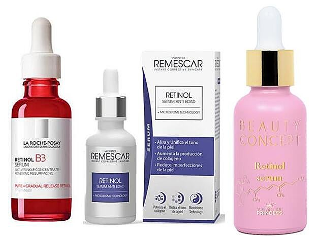 Retinol B3 Sérum de La Roche Posay, su fórmula contiene retinol puro y, por otro, una forma de retinol, retinil palmitate, de liberación prolongada (32 euros); sérum antiedad con Retinol de Remescar, reduce las imperfecciones y ayudando a unificar el tono de la piel (27 euros); y el Retinol Serum de You are the princess, qiue atenúa la profundidad y la apariencia de las arrugas (11,95 euros).