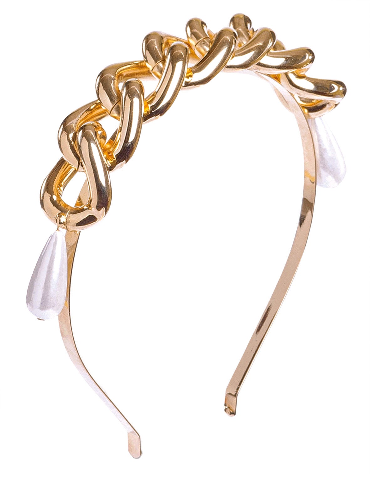Diadema de eslabones dorados y perlas, de Rosantica.