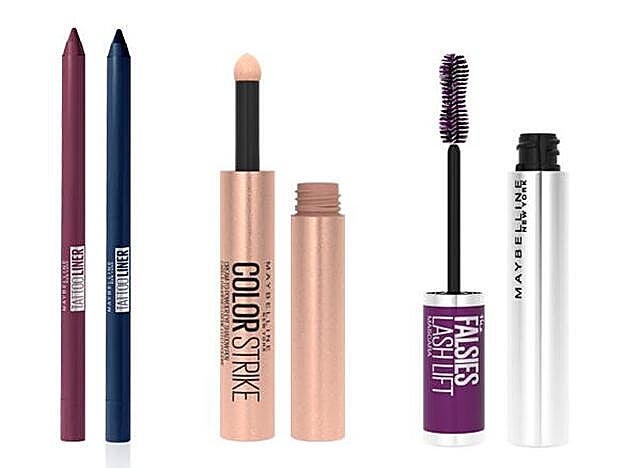 Sombra de ojos en stick Color Strike (7,99 €), Lápiz de ojos de larga duración Tattoo Liner (5,99€) y Máscara de pestañas efecto lifting Lash Lift (10,99 €), todos de Maybelline New York.