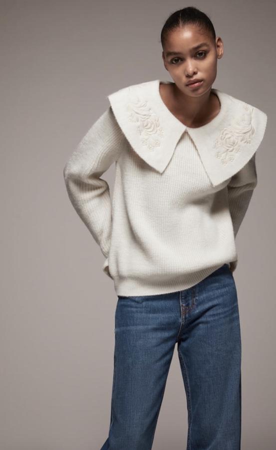 Jersey de canalé con cuello XL bordado con flores en el mismo tono, de Zara (25,95 euros).