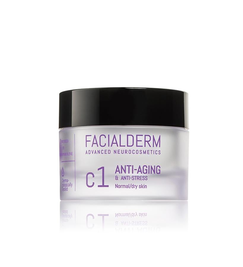 Formulada para pieles normales y secas, contiene extractos de alga roja, caviar y arroz asiático, vitamina B, ácido hialurónicoy alatoína, que zona ctivos hidratantes, antioxidantes, regeneradores y calmantes.  Crema Facial C1 Antiedad & Antiestrés de Facialderm  (29,95 €).