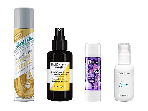 Chamú en Seco con un Toque de Color para Rubias de Batiste (4 €). Haircare Oil de Hair Rituels by Sisley (81,99 €). Matizador Cabellos Rubios Mixed Feeling de IGK (31,99 €). Active Water de Shampora (13 €).