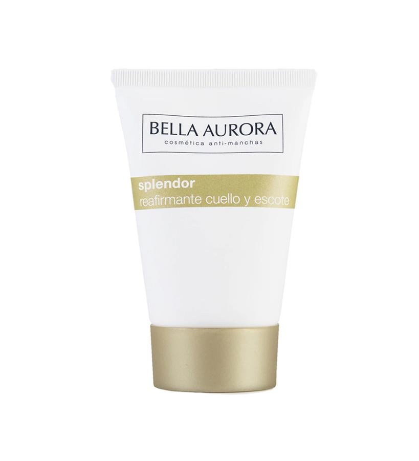 Su fórmula, con péptidos de última generación y sales de calcio, combate eficazmente los signos específicos del envejecimiento de esta zona. Reduce la relajación característica de los tejidos del cuello, consiguiéndose una visible reducción de la papada y una piel más tersa y elástica.  Crema Reafirmante Cuello y Escote Splendor de Bella Aurora  (16,90 €).