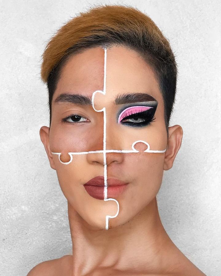 Para recrear esta idea de @juztintiu solo necesitas un lápiz blanco, dividir la cara en cuatro partes con él y maquillar dos de ellas. ¡Ideal!