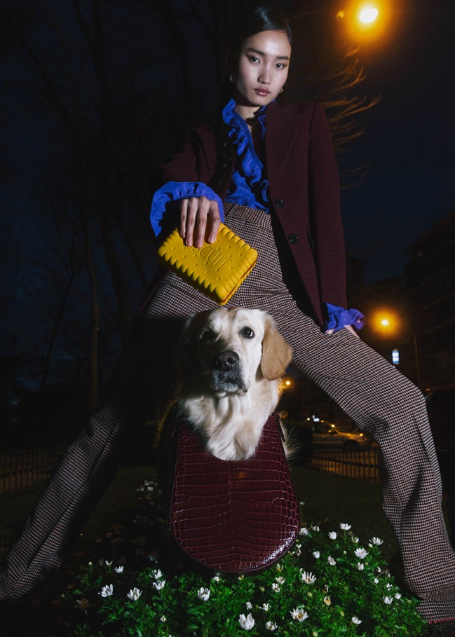 Americana, blusa y pantalones, todo de Victoria Beckham. El bolso de piel de efecto cocodrilo es de S. Joon.