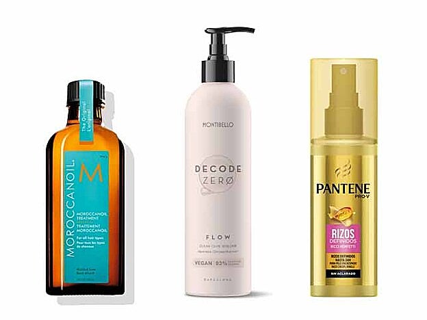 Tratamiento Moroccanoil (36,99 €).Gel acondicionador que activa y define los rizos Flow de Montibello (16,40 €). Acondicionador sin aclarado Rizos definidos Pro-V de Pantene (3,89 €).