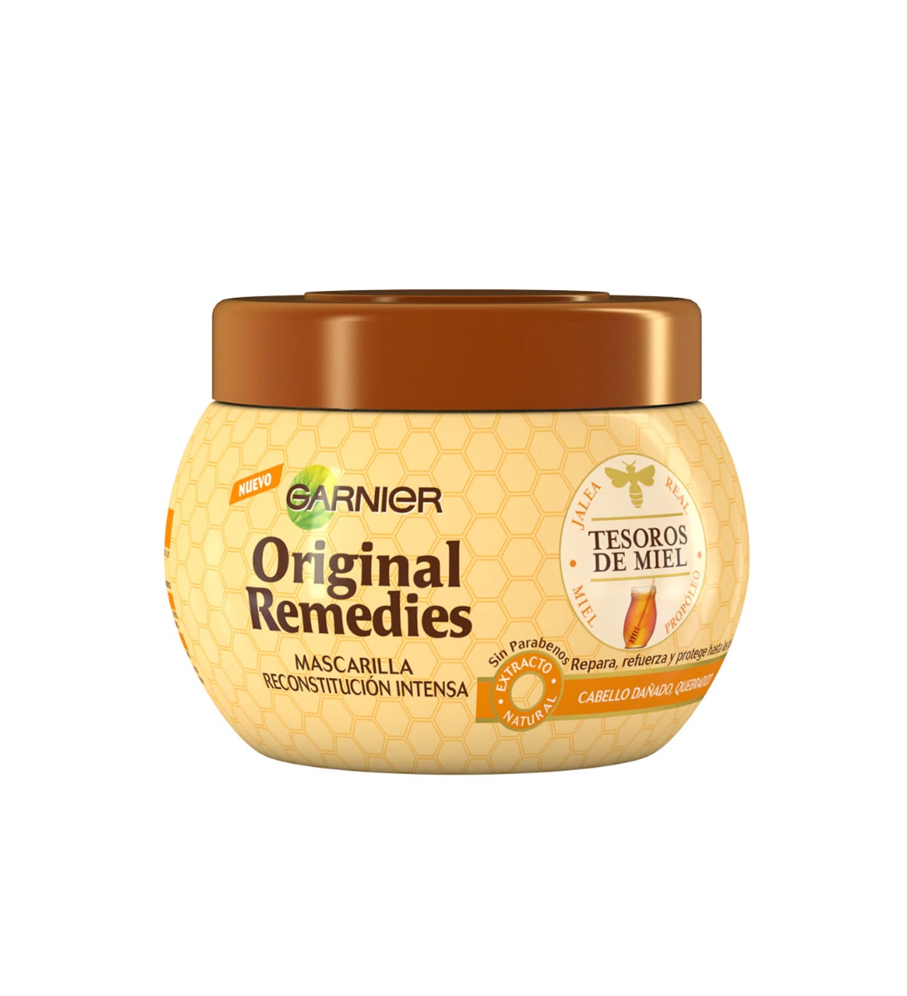 A base de extractos naturales, destacan los extractos de jalea real y propóleo y la miel, ingredientes que reparan, protegen y aportan fuerza al cabello, que se muestra. En tan solo una semana la melena está seis veces más fuerte y presenta un 84% menos de rotura.  Mascarilla Reconstitución Intensa Tesoros de Miel Original Remedies de Garnier  (3,75 €).