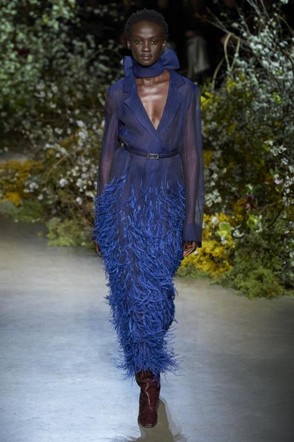 Vestido de organza transparente con plumas bordadas, de la colección o/i 2020-21 de Jason Wu.