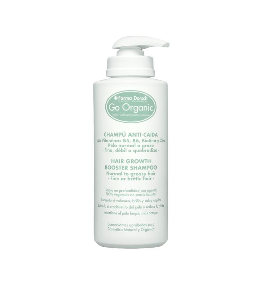 Limpia en profundidad con agentes de origen 100% vegetal no sensibilizantes, sin siliconas, sulfatos ni alcohol. Su fórmula incorpora con vitaminas B5, B6, biotina, zinc y agentes suavizantes para tratar los principales efectos del debilitamiento capilar en cabello normal a seco: caída, rotura del pelo, encrespado, perdida de densidad, brillo y volumen.  Champú Anti-Caída Hidratante y Suavizanrte Go Organic de + Farma Dorsch  (46,30 €).