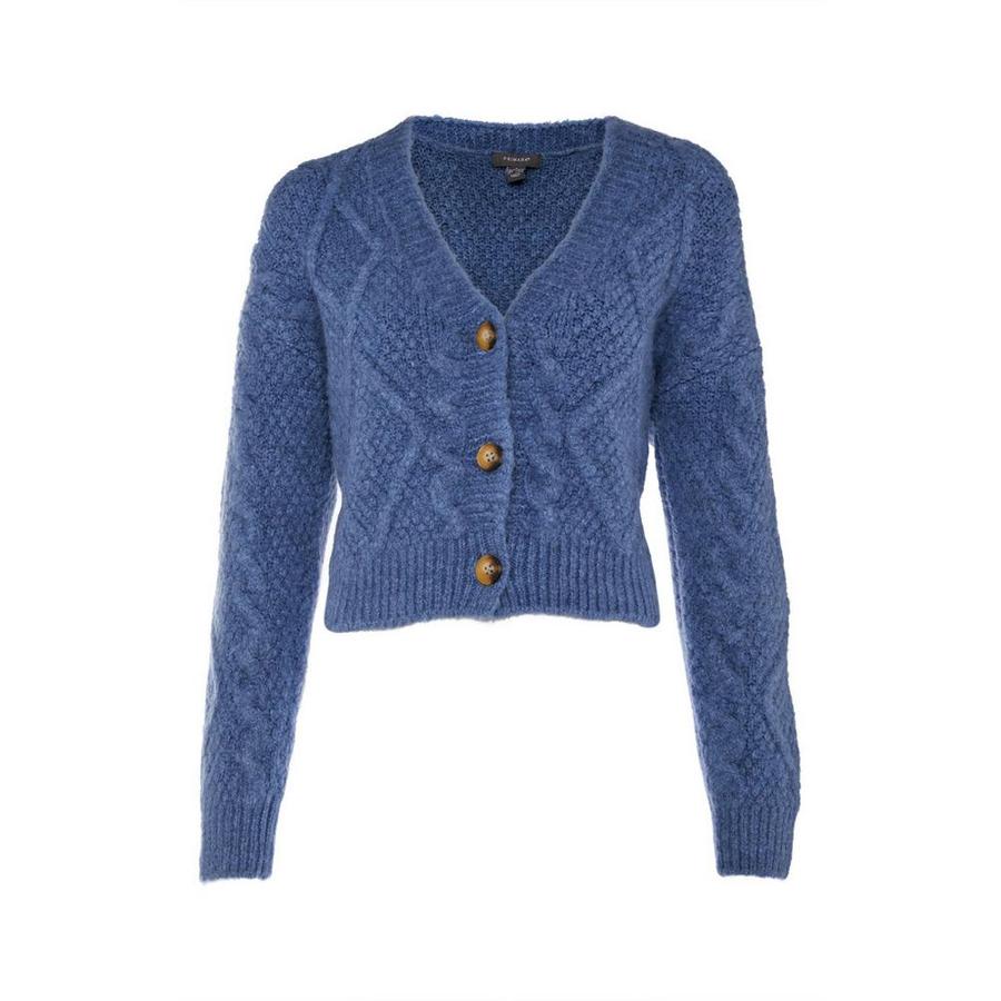 Chaqueta de punto de ochos en color azul (16 euros).