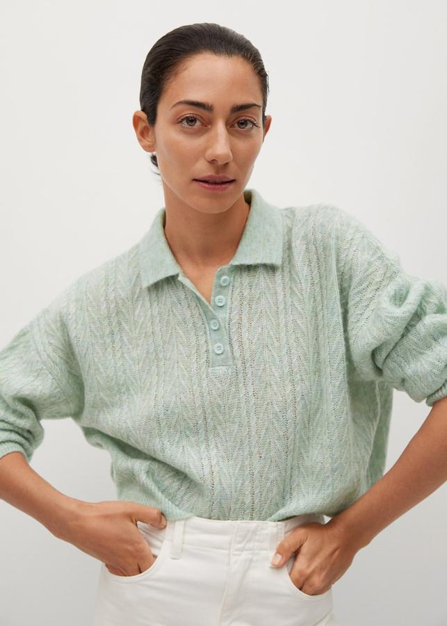 Jersey verde agua, estilo polo con punto trenzado de la nueva colección de Mango (29,99 euros)