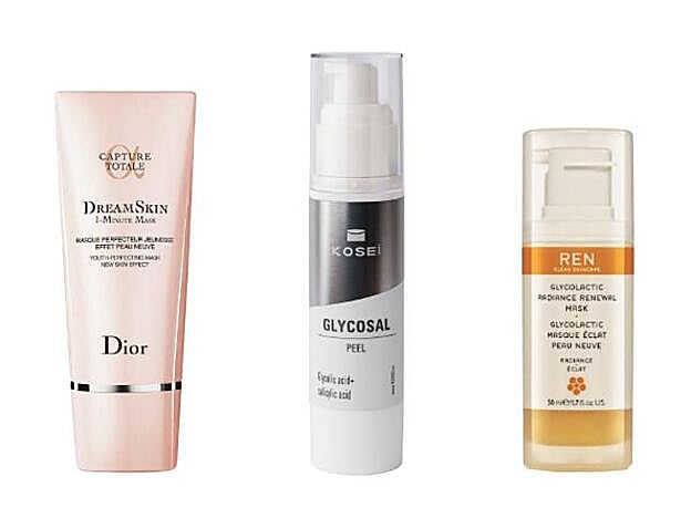 DIOR. Dream Skin 1-Minute Mask (70 €). KOSEI. Glycosal Peel (25,44 €). REN. Glycol Lactic Radiance Renewal Mask (42 €).