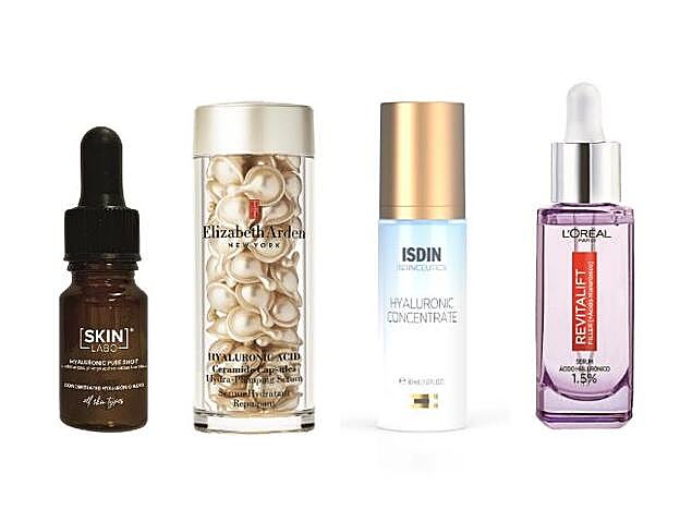 SKINLABO. Hyaluronic Pure Shot (25 €). ELIZABETH ARDEN. Hyaluronic Acid (110 €). ISDIN. Hyaluronic Concentrate (41,95 €). L’ORÉAL. Revitalift Filler Sérum + Acido Hialurónico (21,90 €).