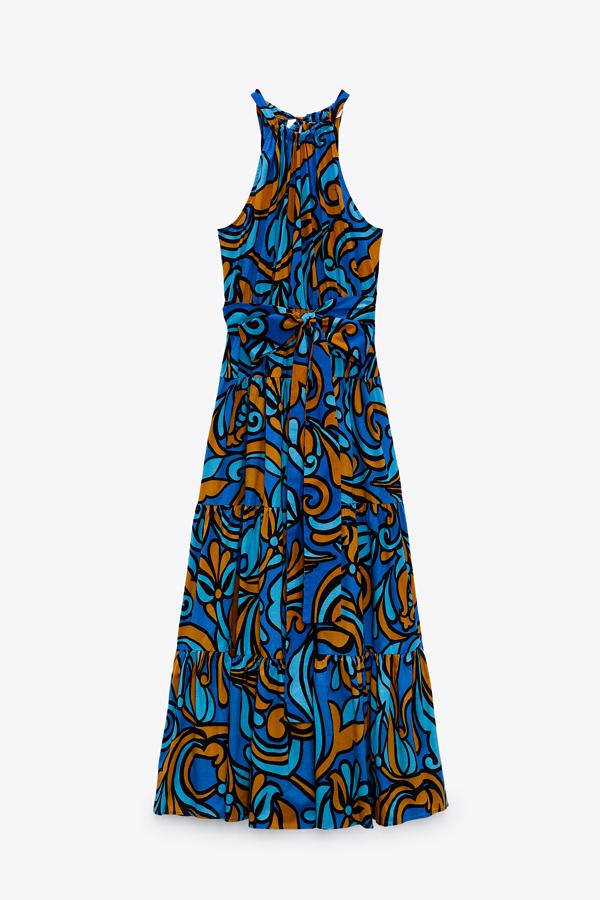 Vestido con escote halter y estampado multicolor de Zara (49,99 euros)