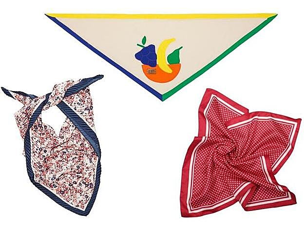 Panuelo de flores Amazon Fashion, pañuelo de frutas de La Veste y pañuelo de lunares de Bijou Brigitte.