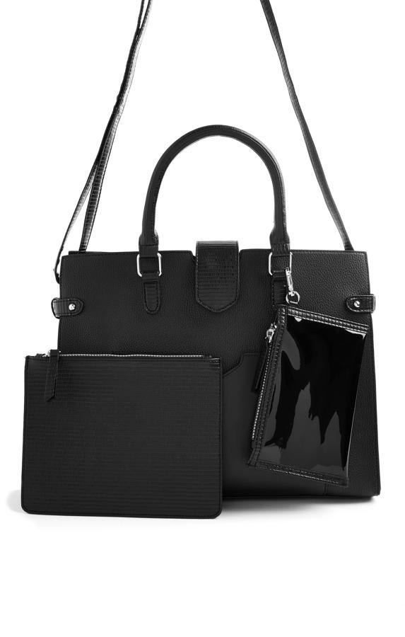 Este bolso tote negro con asa larga y asa corta cuenta con bolsito extraíble y tiene un precio de 16 euros.