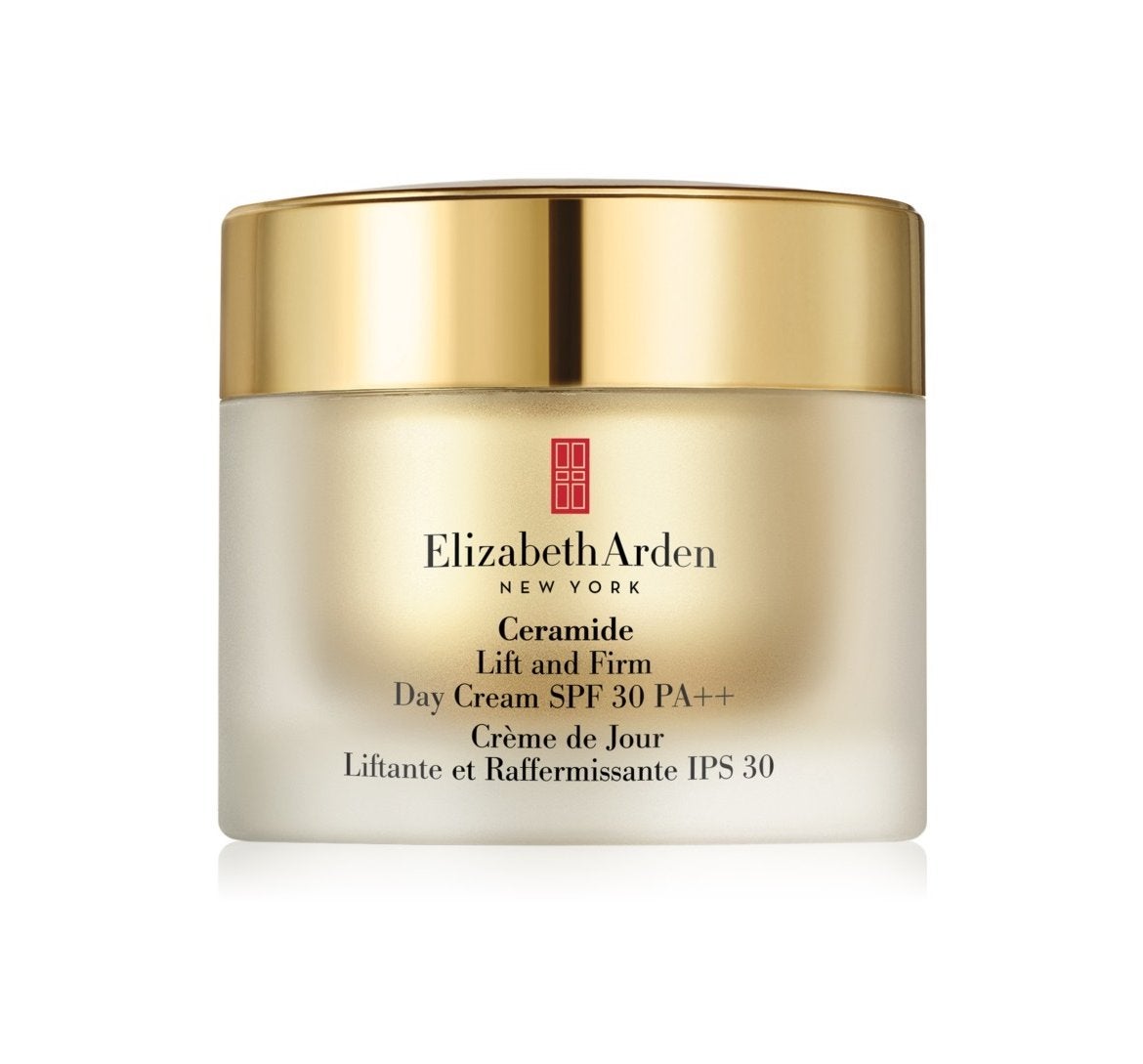 Ceramide Plump Perfect Ultra Lift and Firm Moisture Cream de Elizabeth Arden, una crema antiedad que alisa las arrugas del rostro, el cuello y el escote. Su factor de protección, protege la piel de los rayos nocivos y de la polución. Contiene ceramidad y vitaminas A, C y E.