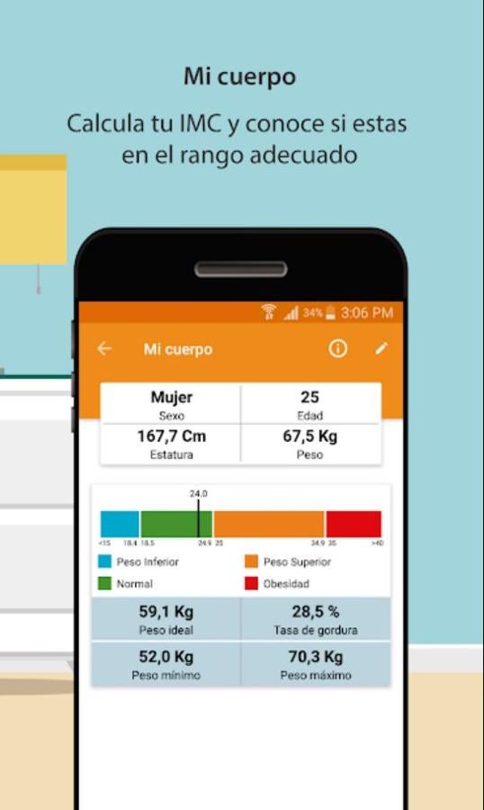 Puedes utilizar las rutinas creadas por profesionales (abdominales en 5 minutos, piernas y glúteos, fortalece tu cuerpo…) e incluso crear rutinas personalizadas y llevar un control del peso y el IMC (índice de masa corporal).