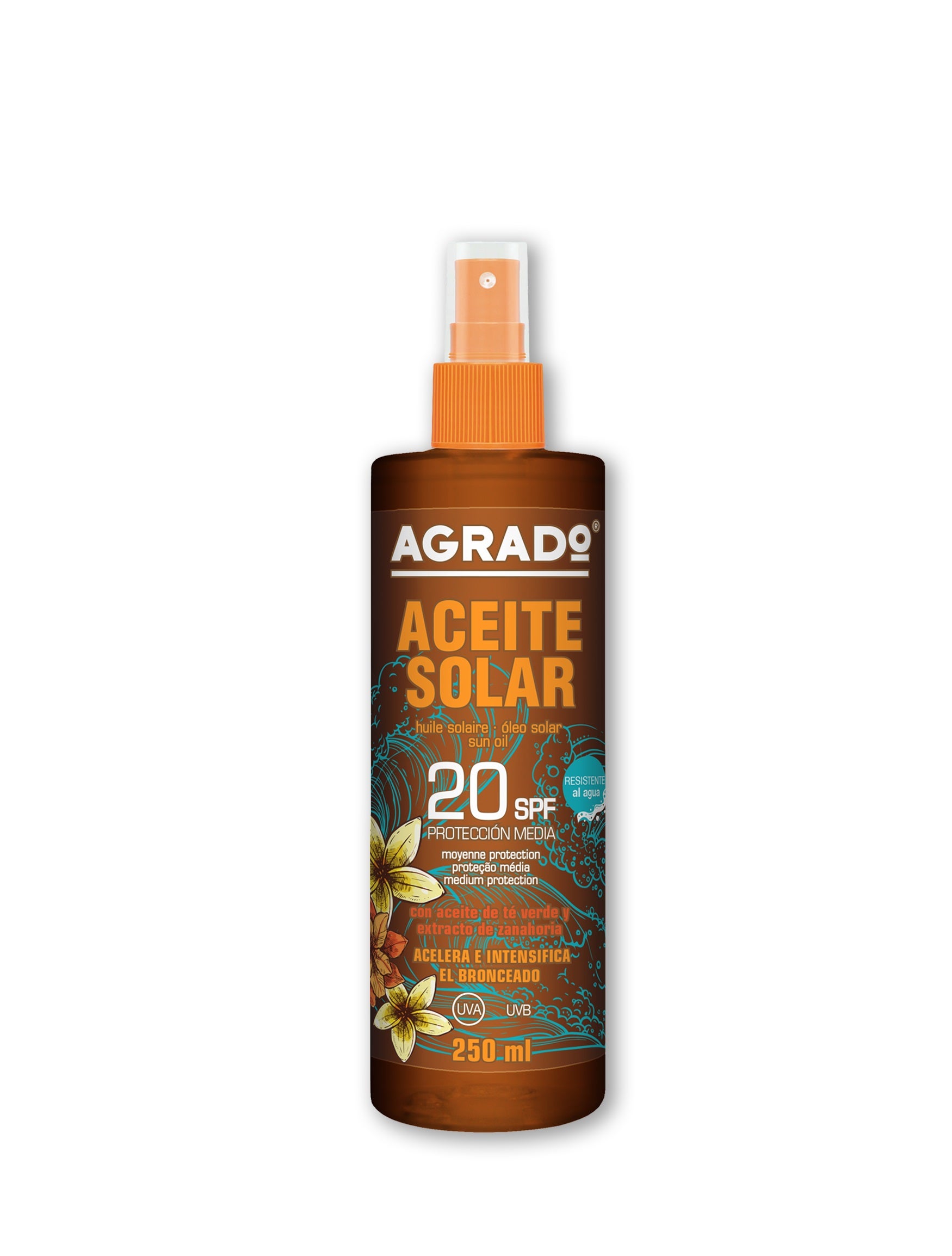 El aceite Solar de Agrado, con protección SPF20 es un hidratante corporal presentado en formato spray, con una textura muy ligera de tacto seco y acabado invisible. Ideal por sus principios activos hidratantes y aceleradores del bronceado, gracias al aceite de zanahoria y té. Además, es resistente al agua.