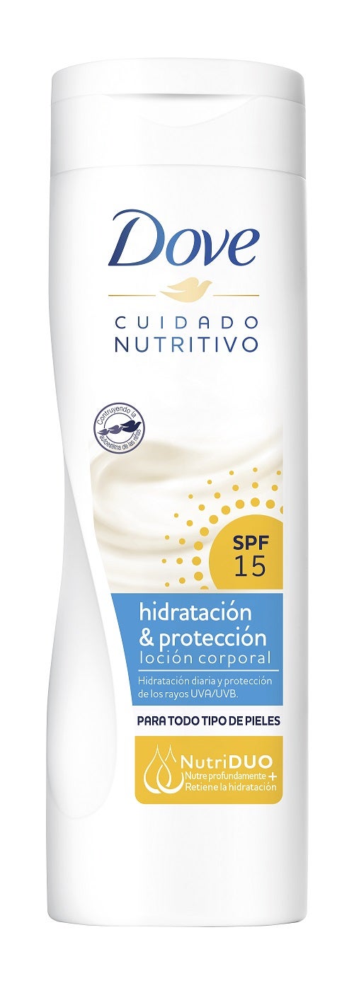 Dove Hidratación & Protección' está formulada con la tecnología NutriDUO, que nutre profundamente la piel gracias a su doble acción hidratante. Esta tecnología contiene un complejo que incluye una combinación de nutrientes además de una con SPF15 (3,49 euros).