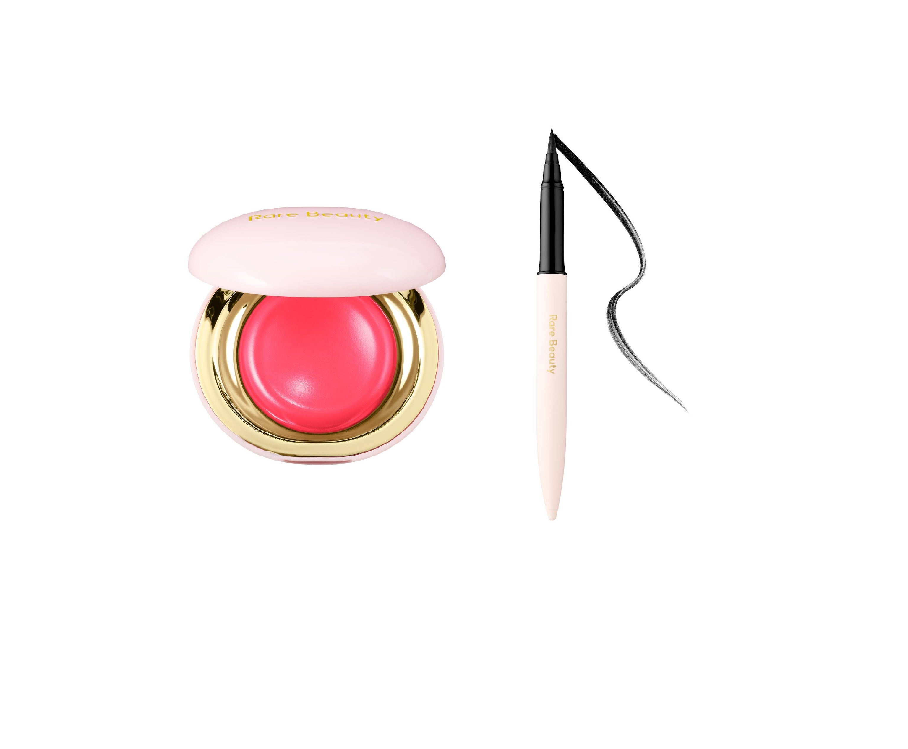 Colorete en crema Stay Vulnerable en tono Nearly Rose (23,99€). Eyeliner Perfect Strokes, con más de 1.000 fibras veganas (21,99€). Todo de Rare Beauty.