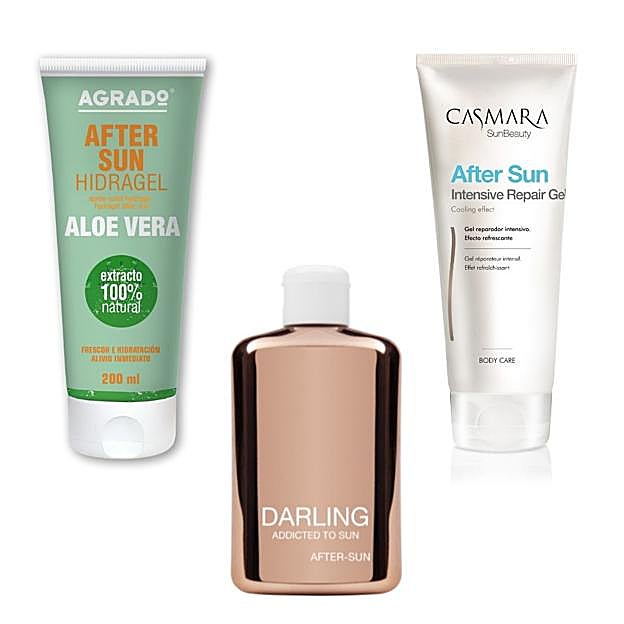 After sun Hidragel Aloe Vera de Agrado Cosmetics, After Sun Lotion de Darling y After Sun Intensive Repair Gel.