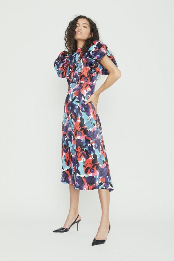 Vestido midi 'Dawn' estampado con manga abullonada.