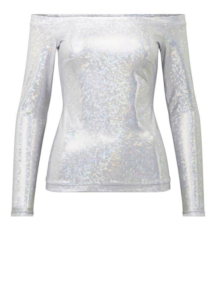 Top Herm escote bardot, en plateado brillante.