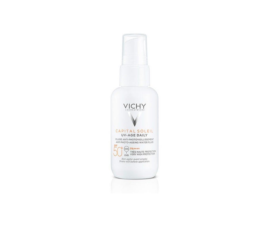 Capital Soleil Uv-Age Daily Spf50+ de Vichy. Un fotoprotector diario para el rostro que combate el envejecimiento prematuro por la radiación solar, la contaminación y la radiación infrarroja. Su ingrediente estrella es la niacinamida.