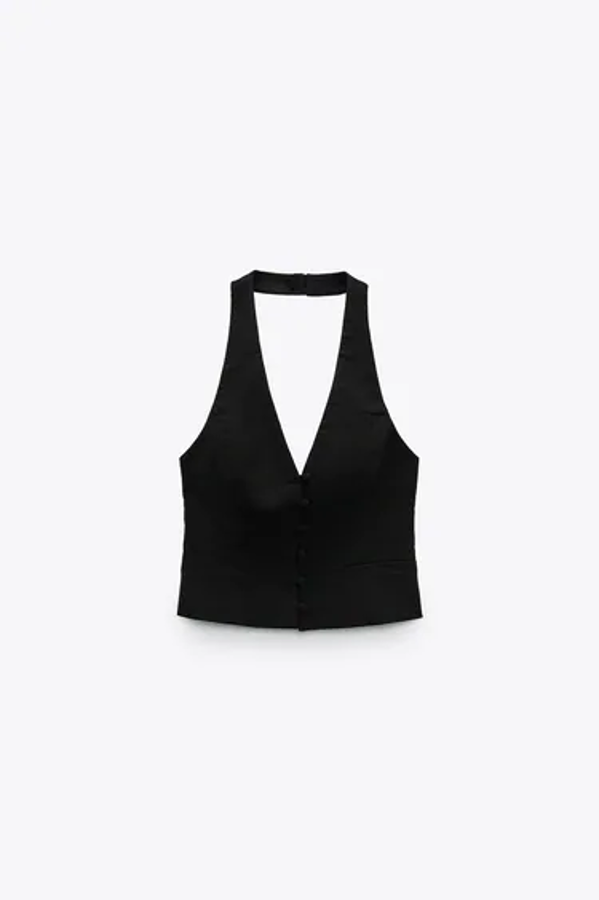 Chaleco tejido mezcla de lino, con cuello alter, en negro.