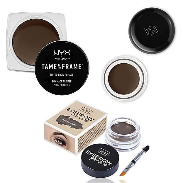 NYX Tame & Frame Tinted Brow Pomade (13,80 euros), Crema para cejas Eyebrow Pomade de Wibo (11,56 euros) y Lasting Eyebrow Gel de Kiko (5,59 euros).