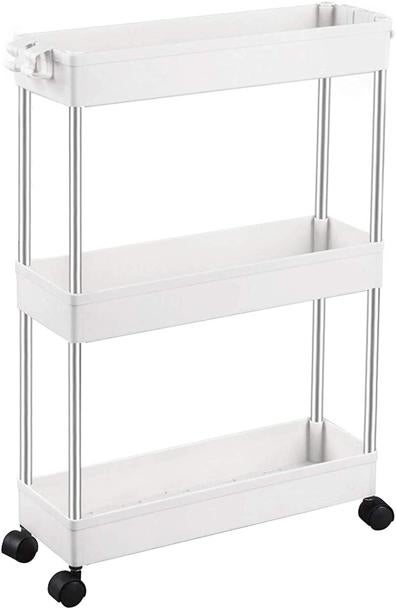 Carrito multiusos con ruedas y bandejas en color blanco.También está disponible en color negro. Tiene un precio de 19,99 euros.