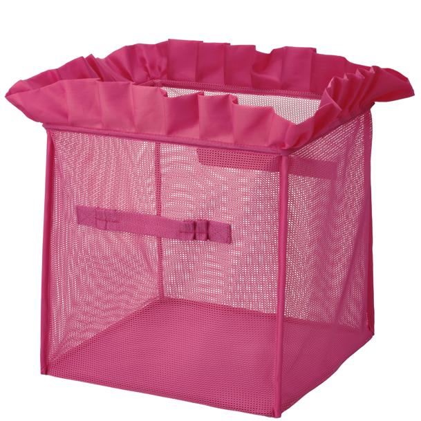 Caja plegable en color rosa con volantes en la parte superior (4 euros).