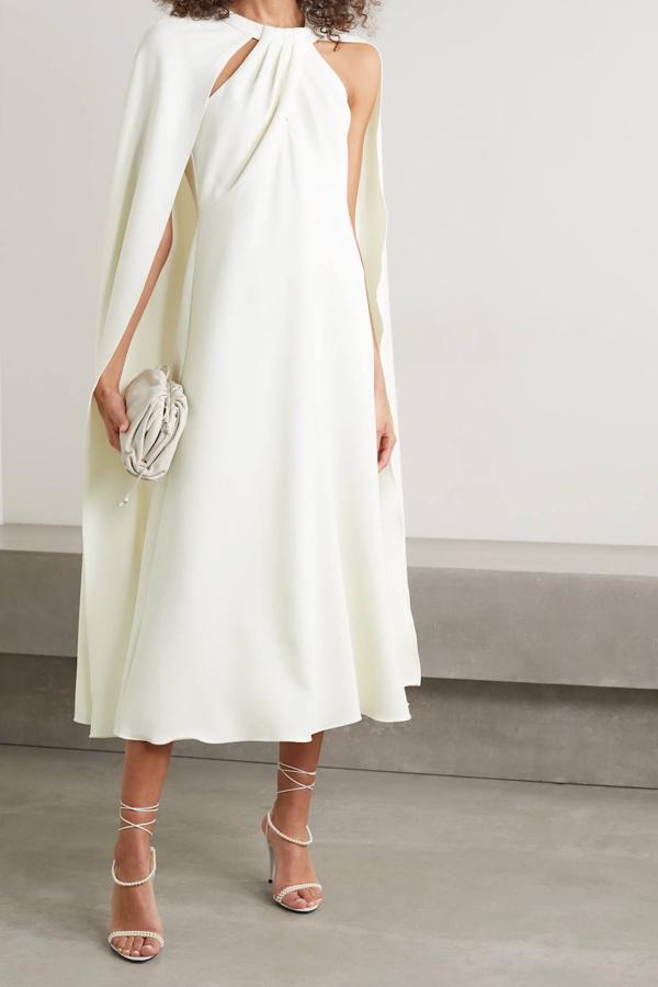 Vestido midi de crepé con capa flotante y silueta columna de Marchesa Notte. 918,30 euros