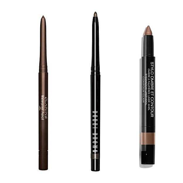 1. Lápiz Waterproof Eye Pencil en tono 02 Brown Retail de Clarins. 2. Perfectly Defined Gel Eyeliner de Bobbi Brown. 3. Lápiz de ojos 3 en uno Style Ombre Et Contour de Chanel.