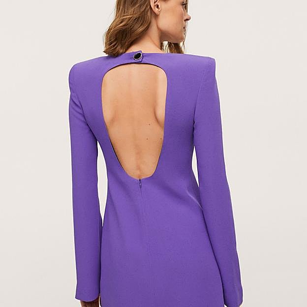 Imagen principal - 1. Mini vestido de color lila con la espalda al aire de Mango (59,99 euros)2. Jersey de punto trenzado de Mango (29,99 euros) 3. Abrigo largo de lana de Mango (159 euros)