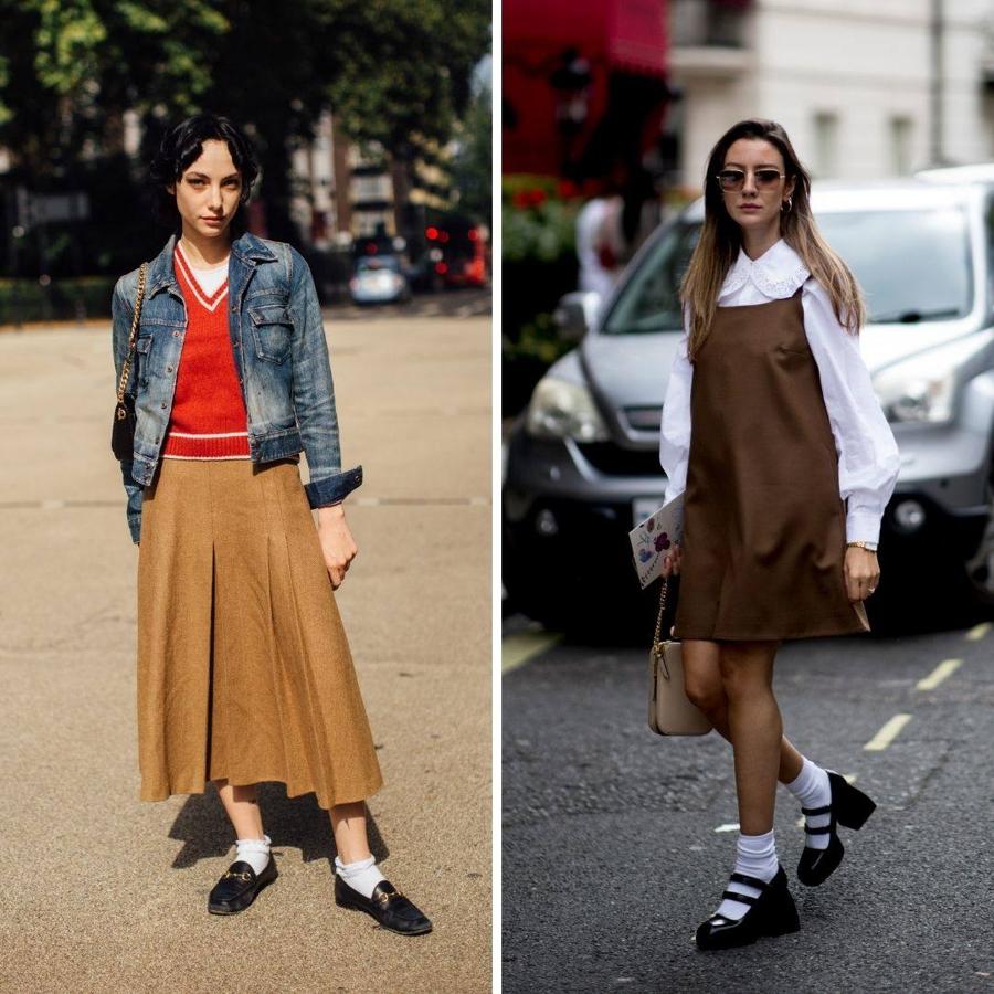 La tendencia del preppy y los uniformes retro de los años 50, 60 y 90 se basa en jerseys de cricket, faldas de tablas, conjuntos de chaqueta y mini falda, tweed y la combinación de zapatos negros (como mocasines o 'Mary Janes') y calcetines blancos.