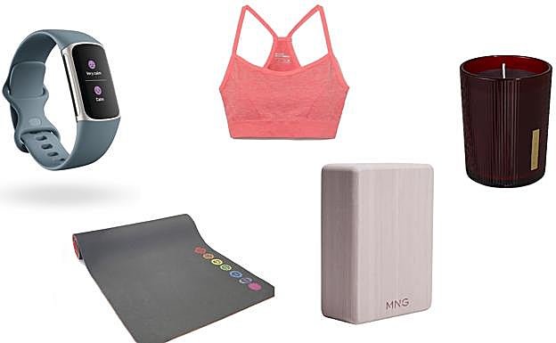 Fitbit. Pulsera de actividad Charge 5 (179,95€). EQ LOVE. Esterilla de yoga (59,00€). RITUALS. Vela The Ritual of Ayurveda (34,50€). LEFTIES. Top (7,99€) sin costuras. MANGO. Bloque de yoga (9,99€).