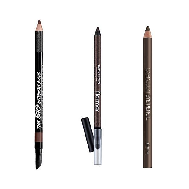 Delineador de Ojos Kohl Big Intense Mark de Avon (9 euros), Smoky Eyes Carbon Black Waterproof Eyeliner de Flormar y Pencil Eye de Camaleon Cosmetics (3,50 euros).
