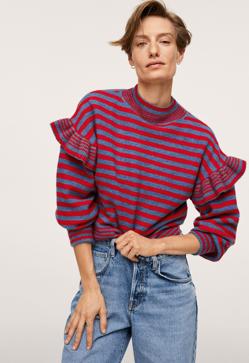 Imagen secundaria 2 - 1. Jersey de lana con rayas en color marrón, negro y blanco de Massimo Dutti (79,99 euros: 2. Jersey rosa empolvado con cuello alto de Massimo Dutti (49,99 euros). 3. Jersey de rayas en rojo y azul con volantes en las mangas de Mango (29,99 euros). 