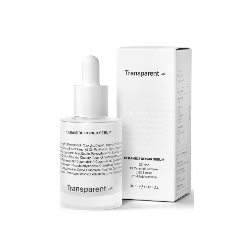 Ceramide Repair Serum de Transparent Lab, un suero ultra hidratante que ayuda a reestablecer los niveles de hidratación de la piel y a reparar el manto hidrolipídico. Además estimula la síntesis de colágeno para combatir las arrugas. (17,99 euros en Primor).