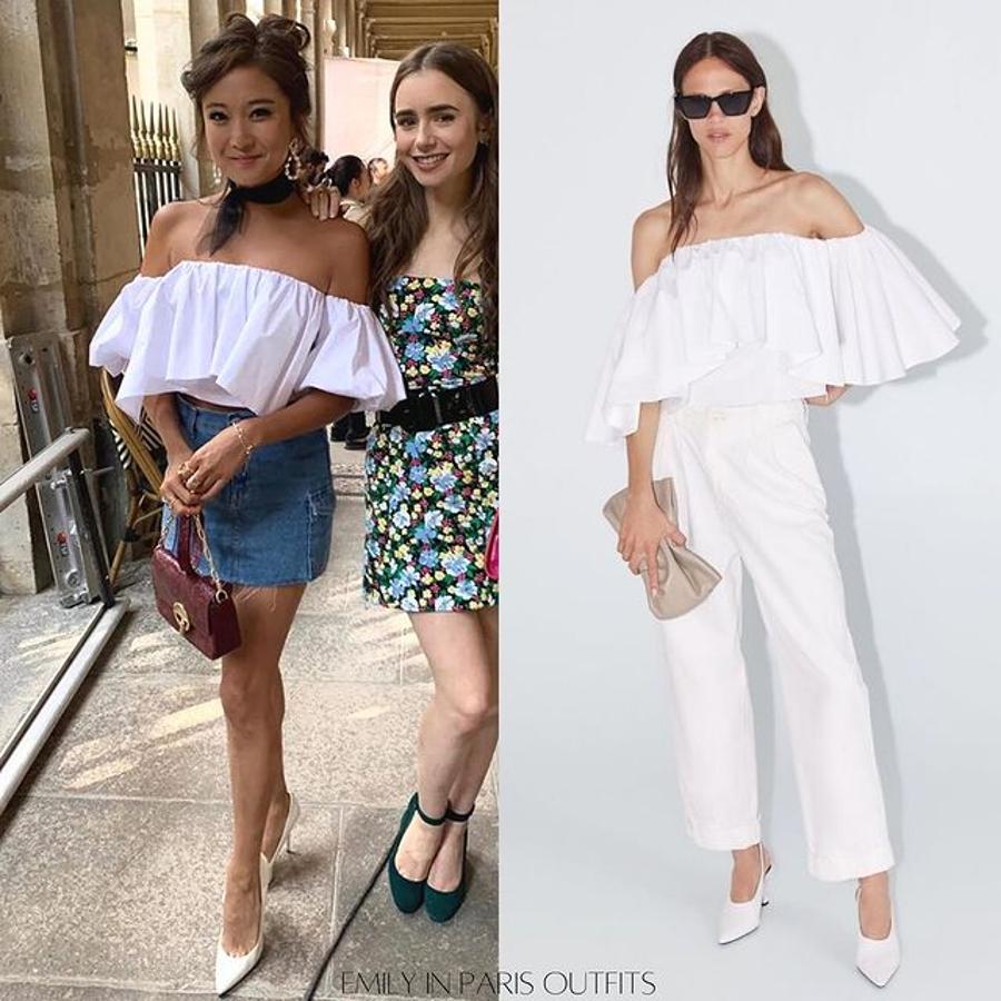 Top blanco con volante ancho y escote barco.