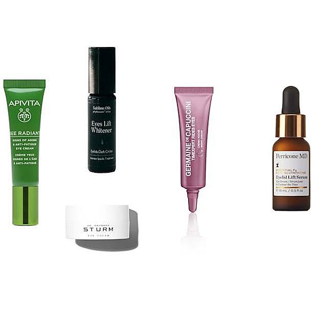 PERRICONE MD. Eyelid Lift Serum (99 €). APIVITA. Bee Radiant (28,90 €). SUBLIME OILS. Eyes Lift & Whitener (49 €). GERMAINE DE CAPUCCINI. Timexpert Rides Eyes (65 €). DR. BARBARA STURM. Eye Cream (120 €). 
