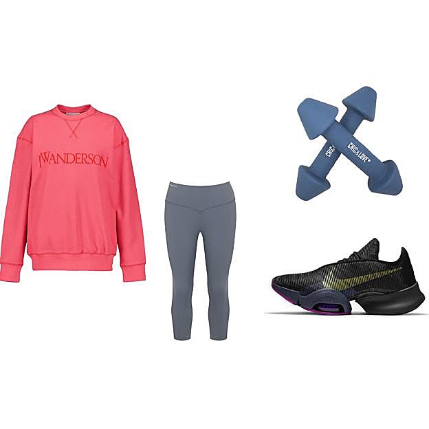 UNIFORME DE TRABAJO: Sudadera de JW Anderson (215 €); mallas deportivas de Triumph (44,99 €); zapatillas Air Zoom SuperRep 2 de Nike (119,99 €), y pesas de neopreno de 2 kg, de Chic&Love (12,57 €).