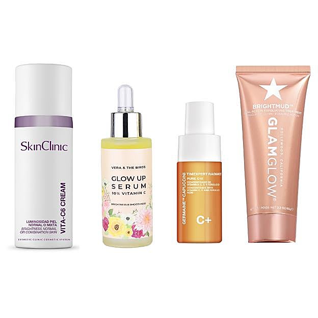 Vita-C6 Cream, de SkinClinic (45 €), aporta vitalidad a la piel. Glow Up Serum, de Vera&The Birds (35 €), unifica el tono. Pure C10, de Germaine de Capuccini (65 €), antioxidante. Brightmud, de Glamglow (49,99 €),mascarilla exfoliante. 