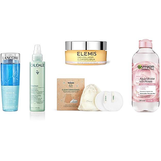 LANCÔME. Desmaquillante de ojos bifásico Bi-facil (39€). CAUDALIE. Vinoclean aceite desmaquillante (16,80 €). ELEMIS. Bálsamo desmaquillante Pro-Collagen Cleansing Balm (42€). THE BODY SHOP. Discos desmaquillantes reutilizables (12€). GARNIER. Agua micelar en aceite con agua de rosas (4,95€).