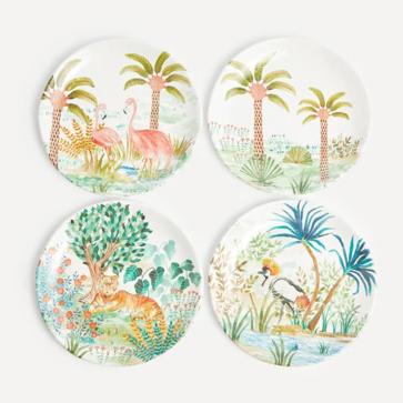 Imagen secundaria 1 - Vajillas de melamina por piezas en El Corte Inglés: en grande, con estampado tropical (desde 3.95 euros la pieza); de inspiración salvaje en tonos azules y verdes (19.95 euros el set de cuatro platos) y de imitación porcelana con bordes de bambú (desde 4.95 euros la pieza).