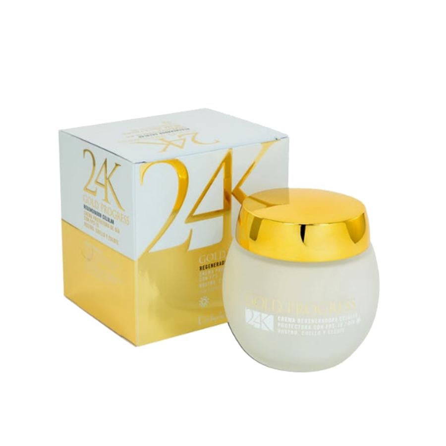 La crema facial de día 24K Gold progress de Deliplus (Mercadona) es apta para ser usada en todos los tipos de piel. Se recomienda utilizar en pieles que han perdido elasticidad y firmeza ya sea por el paso del tiempo o por una mala alimentación. Lleva Golden Micro Seaweed, el ingrediente antiedad por excelencia que reduce las arrugas, mejora la elasticidad de la piel y actúa como regenerador celular, regeneradores celulares de primer nivel y protector solar FPS10 (5 euros).