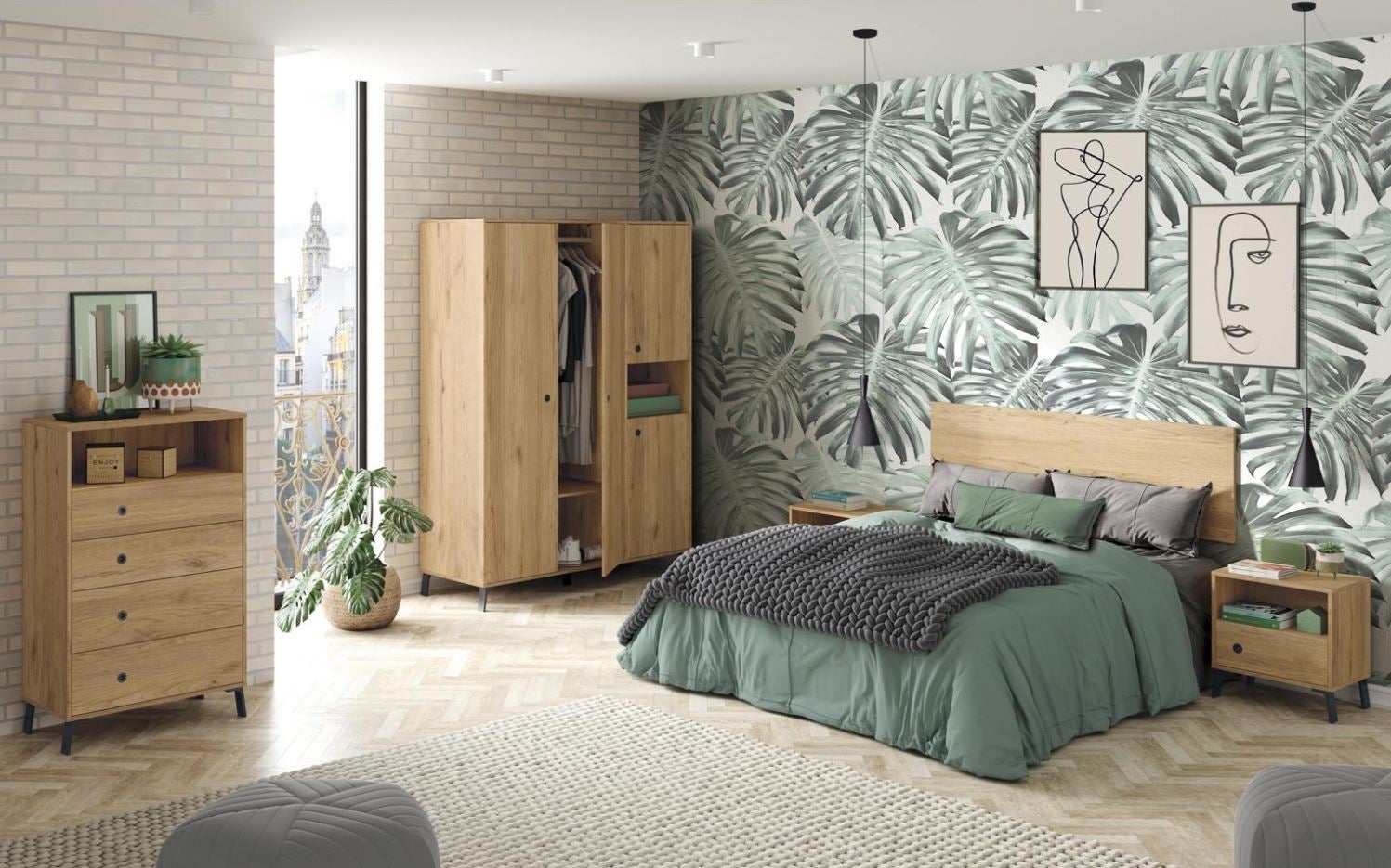 Este dormitorio en tonos naturales con la madera como protagonista no puede ser más estiloso y de plena tendencia. Y todos los muebles son de Carrefour: el armario cuesta 288 euros, la cómoda 122 euros, la mesita de noche 70 euros y el cabecero, 40 euros.